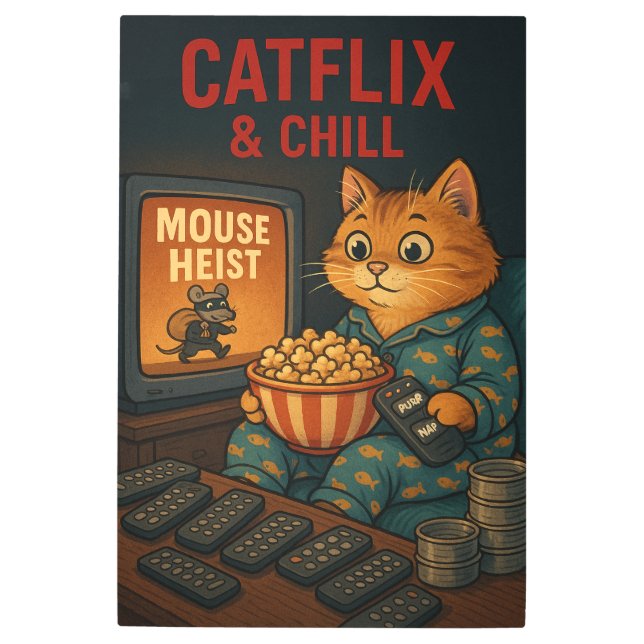 Catflix & Chill: Cozy Binge-Watching Cat Art メタルプリント (正面)