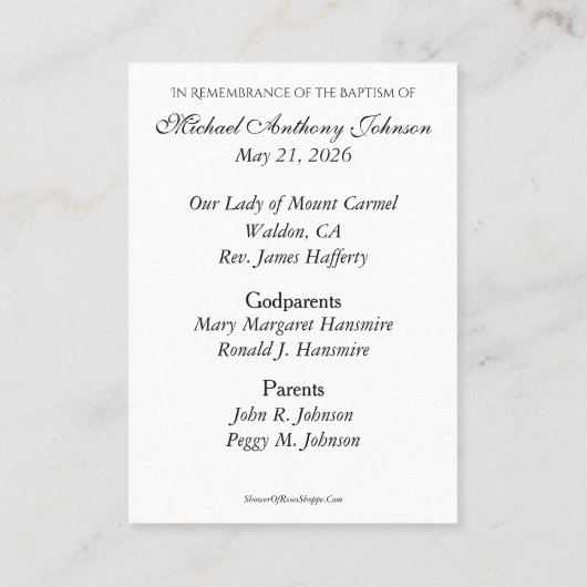 Catholic Baby Boy Baptismal Remembrance Holy Card 名刺 (裏面)