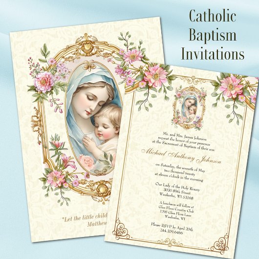 Catholic Baptism Christening Blessed Mother Jesus 招待状
