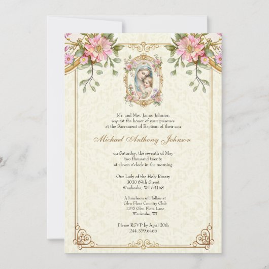 Catholic Baptism Christening Blessed Mother Jesus 招待状 (正面)