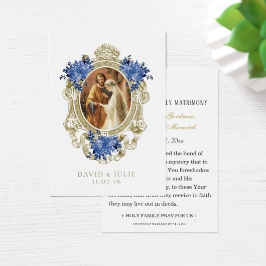 Catholic Blue Floral Gold Wedding Holy Card (デスク)