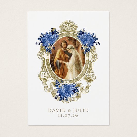 Catholic Blue Floral Gold Wedding Holy Card (正面)
