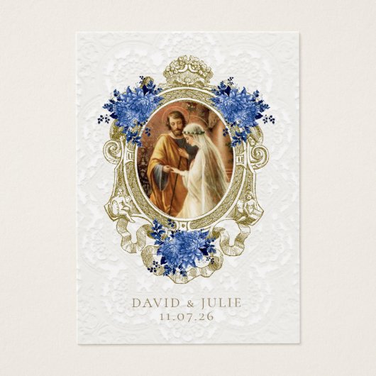 Catholic Blue Floral Gold Wedding Holy Card (正面)