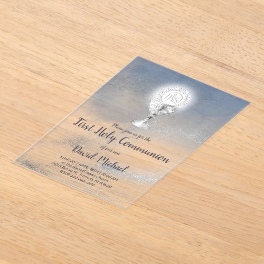 catholic boy first communion watercolor marble アクリル招待状 (レイダウン)