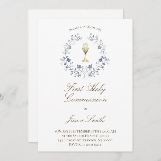 catholic first communion chalice elegant blue  招待状 (正面/裏面)