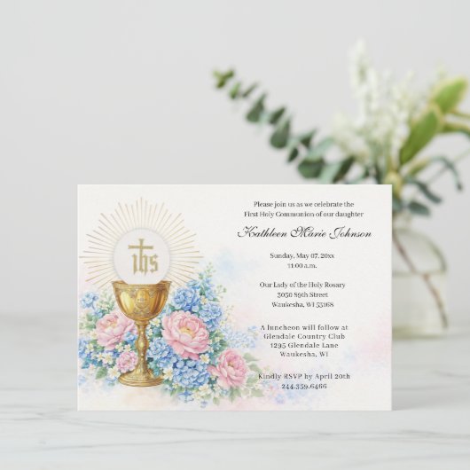 Catholic First Communion Chalice Host Floral 招待状 (スタンド正面)