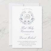 catholic first communion elegant blue wreath 招待状 (正面)