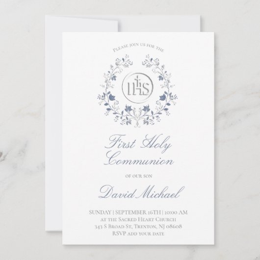catholic first communion elegant blue wreath 招待状 (正面)