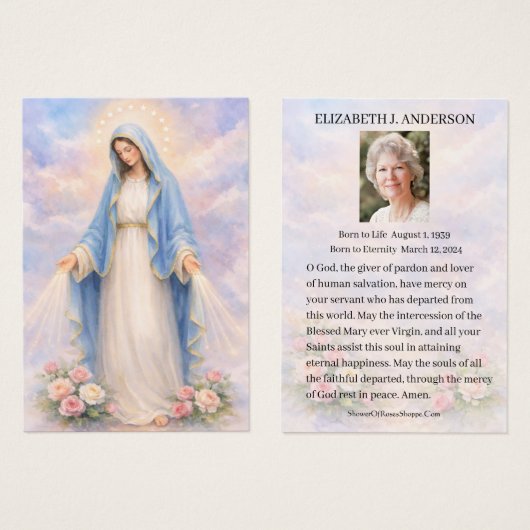 Catholic Funeral Mary Memorial Prayer Holy Card (正面&裏面)