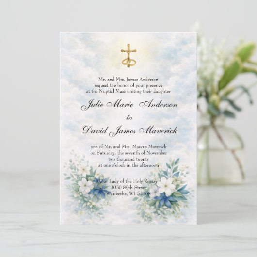 Catholic Gold Crucifix Blue and White Floral 招待状 (スタンド正面)