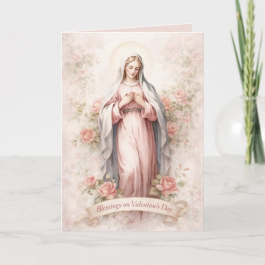 Catholic Mother Mary Pink Roses Valentine シーズンカード (正面)