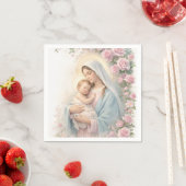 Catholic Pink Floral Baby Jesus & Mother Mary スタンダードカクテルナプキン (インサイチュ)