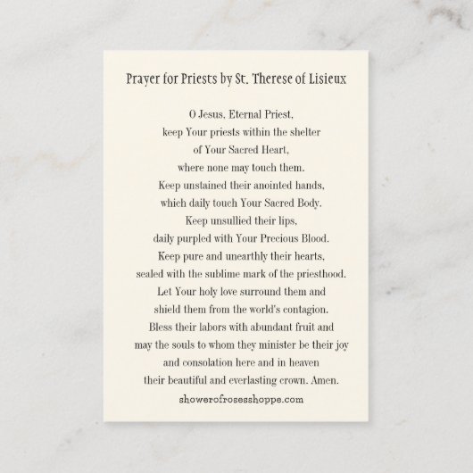 Catholic Prayer for Priests by St. Therese  名刺 (裏面)