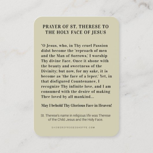 Catholic Prayer Holy Face St. Therese Religious 名刺 (裏面)