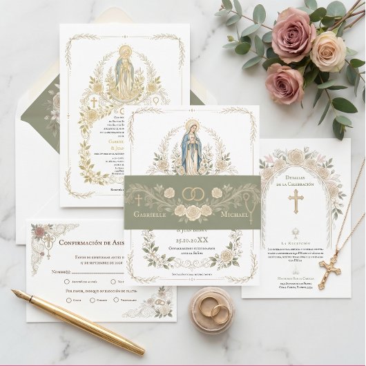 Catholic Roses Wedding Rings Rosary Sage Green  招待状ベリーバンド