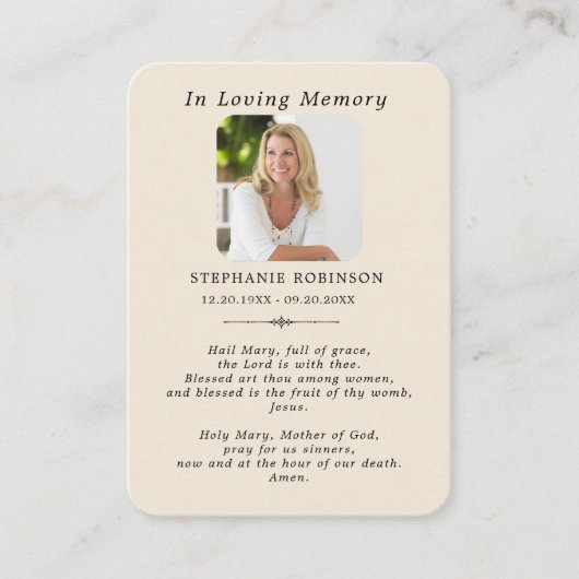 Catholic Virgin Mary Memorial Ivory Prayer Card 名刺 (正面)