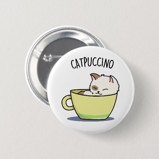 Catpuccino Funny Kitty Cat In Cup Pun 缶バッジ (正面&裏面)