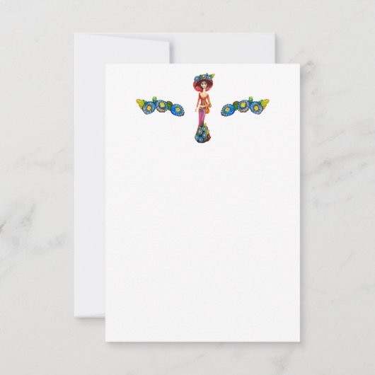 Catrina W/赤のドレスとピンク色の青い花を洗った サンキューカード (裏面)