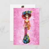 Catrina W/赤のドレスとピンク色の青い花を洗った サンキューカード (正面/裏面)