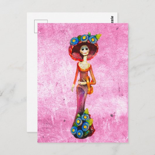 Catrina W/赤のドレスとピンク色の青い花を洗った ポストカード (正面/裏面)