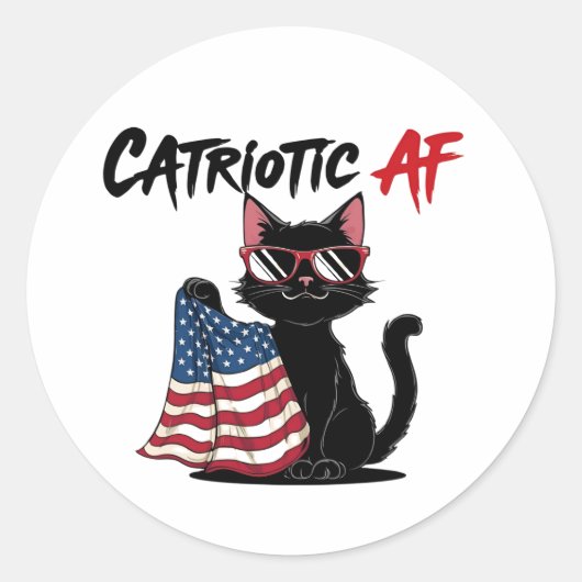 Catriotic AF – 黒猫クール愛国ステッカー ラウンドシール (正面)