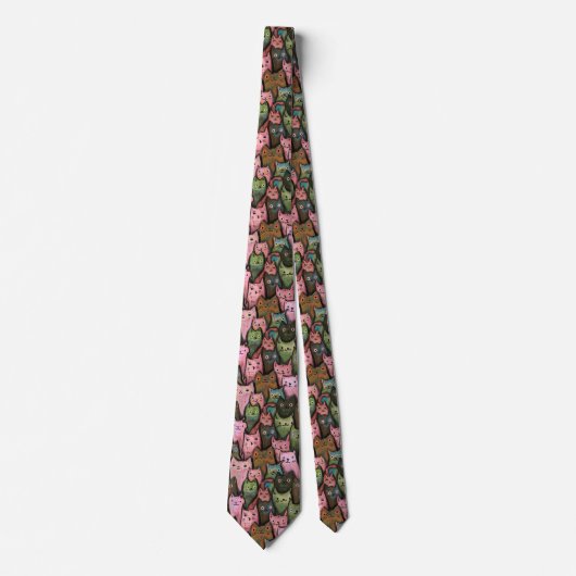 Cats クール Seamless Pattern Tie - Pink & Greenおもしろい ネクタイ (正面)