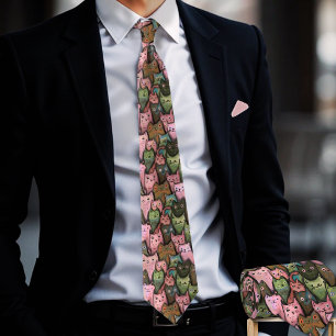 Cats クール Seamless Pattern Tie - Pink & Greenおもしろい ネクタイ