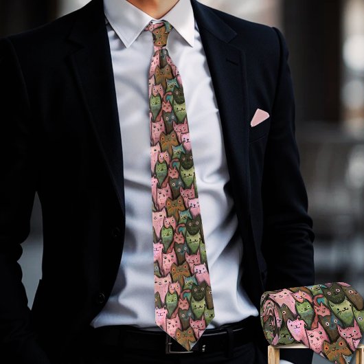 Cats クール Seamless Pattern Tie - Pink & Greenおもしろい ネクタイ