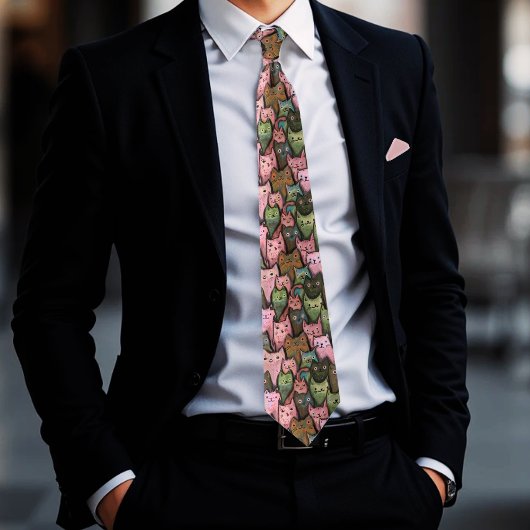 Cats クール Seamless Pattern Tie - Pink & Greenおもしろい ネクタイ