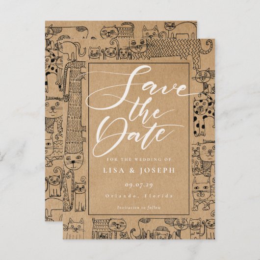 Cats 素朴 Kraftスクリプト日付の保存 案内ポストカード (正面/裏面)