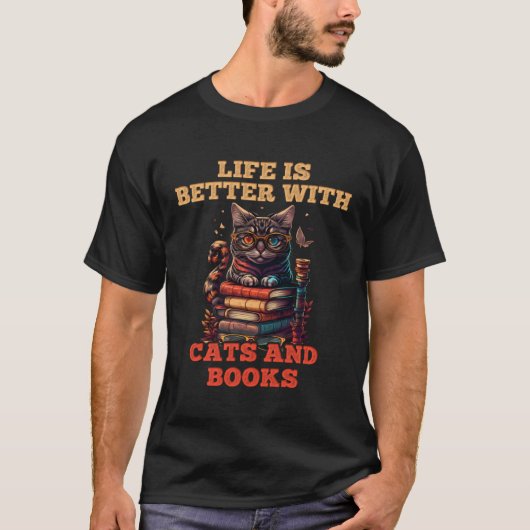 Cats and Books Bookworm Cat  Reading fans Catfans Tシャツ (正面)