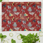 Cats And Dogs Pattern Design On Red キッチンタオル (折り畳み)
