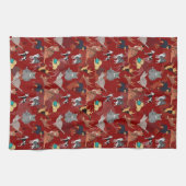 Cats And Dogs Pattern Design On Red キッチンタオル (横)