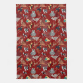 Cats And Dogs Pattern Design On Red キッチンタオル (縦)