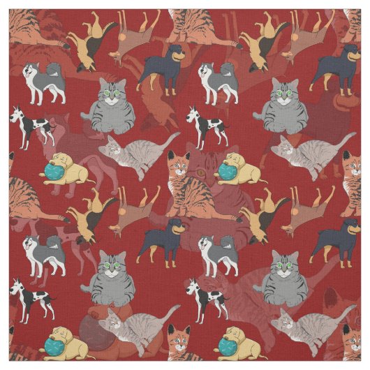 Cats And Dogs Pattern Design On Red ファブリック (見本)