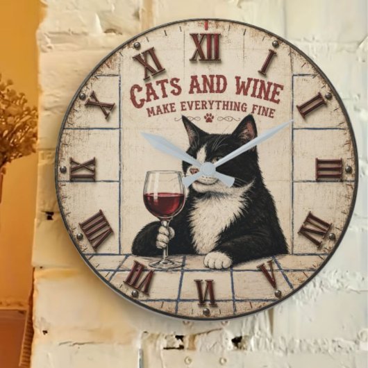 Cats and Wine Make Everything Fine ラージ壁時計