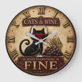 Cats and Wine Make Everything Fine Rustic Farm ラージ壁時計