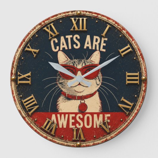 Cats Are Awesome Cool Cat with Red Sunglasses ラージ壁時計 (正面)