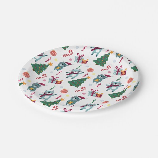 Cats At christmas Whimsical Pattern ペーパープレート (アングル)