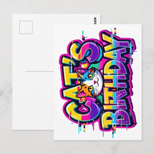 Cat's Birthday Rainbow Glitch ポストカード (正面/裏面)