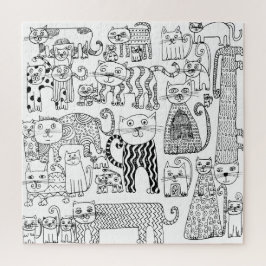 Cats Black and White Fun Hand Drawn Modern Art ジグソーパズル