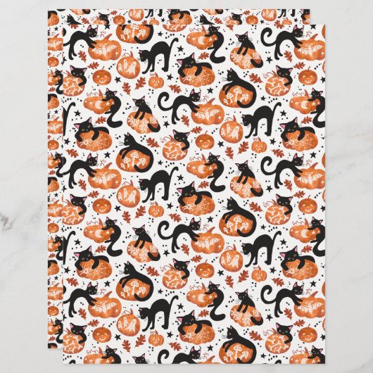 Cats Carving Halloween Pumpkins Scrapbook Paper (正面/裏面)
