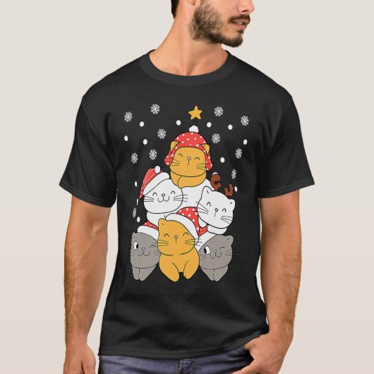 Cats Christmas Tree Xmas Cats Lovers Kids Mens Wom Tシャツ (正面)