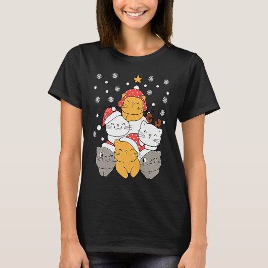 Cats Christmas Tree Xmas Cats Lovers Kids Mens Wom Tシャツ (正面)