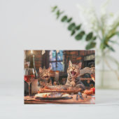 Cats dining on fish with wine indoors シーズンポストカード (スタンド正面)