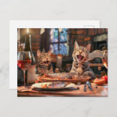Cats dining on fish with wine indoors シーズンポストカード (正面/裏面)