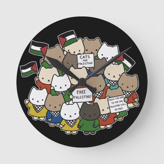 Cats for Palestine – Kawaii Cats for Justice ラウンド壁時計 (正面)