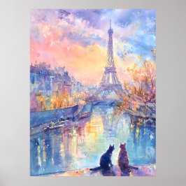 Cats in Paris Twilight – Watercolor Romance ポスター