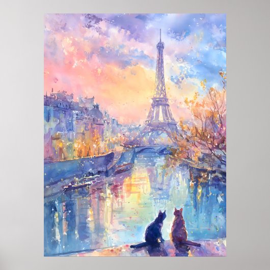 Cats in Paris Twilight – Watercolor Romance ポスター (正面)
