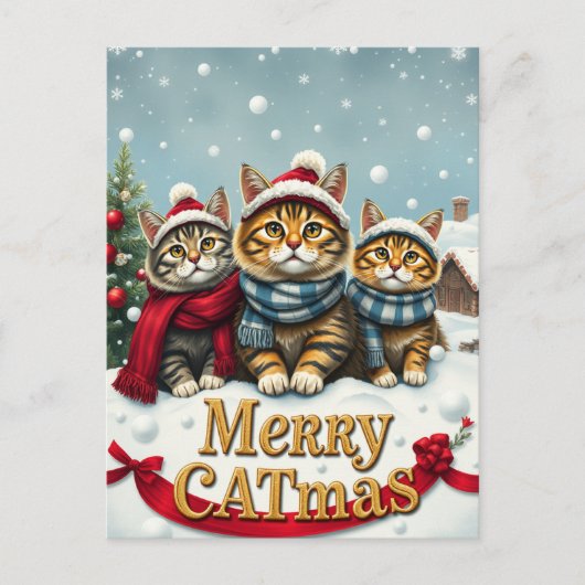 Cats in Preppy Winter Attire and Hats Christmas シーズンポストカード (正面)